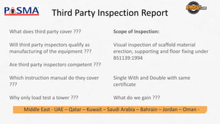 Third Party Inspection Report
Middle East ‐ UAE – Qatar – Kuwait – Saudi Arabia – Bahrain – Jordan – Oman ‐
What does third party cover ???
Will third party inspectors qualify as 
manufacturing of the equipment ???
Are third party inspectors competent ???
Which instruction manual do they cover 
???
Why only load test a tower ??? 
Scope of Inspection:
Visual inspection of scaffold material 
erection, supporting and floor fixing under 
BS1139:1994
Single With and Double with same 
certificate
What do we gain ???
 
