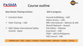 Course outline 
New Pasma Training Centres:
Enertech Qatar
Falck Training – UAE 
QISC (Qatar International Safety 
Centre) ‐ Qatar
Middle East ‐ UAE – Qatar – Kuwait – Saudi Arabia – Bahrain – Jordan – Oman ‐
Still in progress:
Ascend Scaffolding – UAE 
Salem Access – UAE
RRC International – Bahrain & UAE
Kharafi National – Kuwait
Pak Safety – Pakistan
Enermech – UAE
PSSP – UAE & Philippines
HSE Council ‐ UAE 
 