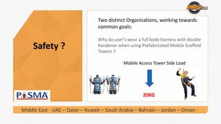 Safety ?
Two distinct Organisations, working towards 
common goals:
Why do user’s wear a full body harness with double 
Karabiner when using Prefabricated Mobile Scaffold 
Towers ?
Mobile Access Tower Side Load
Middle East ‐ UAE – Qatar – Kuwait – Saudi Arabia – Bahrain – Jordan – Oman ‐
20KG
 