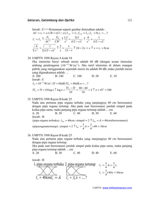 Getaran, Gelombang dan Optika
Jawab : C>>>Ketentuan seperti gambar dimisalkan adalah :
cmrxxx
xxxx
xxxxCB
P
AC
P
II
rIIIIIxCBxrAC
BA
CCBAC
8224
12
12
)12(
14
)12(
14
)12(
3,02,1
?...;0;;);12(;
122
22222221
1211
==↑=−↑
−
=↑
−
=
−
=↑
−
=↑=↑=
====−===
34. UMPTN 1998 Rayon A kode 54
Jika intensitas bunyi sebuah mesin adalah 60 dB (dengan acuan intensitas
ambang pendengaran ( 212
W/m10−
). Jika taraf intensitas di dalam ruangan
pabrik yang menggunakan sejumlah mesin itu adalah 80 dB, maka jumlah mesin
yang digunakannya adalah …
A. 200 B. 140 C. 100 D. 20 E. 10
Jawab : C
100102
10
6080
10
loglog10
?...;80;60;W/m10
2
212
0
==↑=
−
=
−
=↑+=
==== −
n
TITI
nnTITI
ndBTIdBTII
n
n
n
35. UMPTN 1998 Rayon B kode 25
Nada atas pertama pipa organa terbuka yang panjangnya 40 cm beresonansi
dengan pipa organa tertutup. Jika pada saat beresonansi jumlah simpul pada
kedua pipa sama, maka panjang pipa organa tertutup adalah …cm
A. 20 B. 30 C. 40 D. 50 E. 60
Jawab : B
cmxl
ll
t
bb
3040
4
3
4
3
2simpul:atertutup)(pipaorgan
ansi)cm(bereson402simpul;cm40:)terbukaorganapipa(
0
00
===↑=
==↑==
λ
λ
36. UMPTN 1998 Rayon B kode 25
Nada atas pertama pipa organa terbuka yang manjangnya 40 cm beresonansi
dengan pipa organa tertutup.
Jika pada saat beresonansi jumlah simpul pada kedua pipa sama, maka panjang
pipa organa tertutup adalah …cm
A. 20 B. 30 C. 40 D. 40 E. 60
Jawab : B
cm30)40(
4
3
4
3
4
3
2
12
==
==
l
ll λ
UMPTN. www.mhharismansur.com
terbukaorganapipa1. tertutuporganapipa2.
λ=1l ?....4
3
2 == λlcm401 =l
121
 