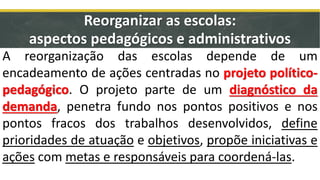 Reorganizar as escolas:
aspectos pedagógicos e administrativos
A reorganização das escolas depende de um
encadeamento de ações centradas no projeto político-
pedagógico. O projeto parte de um diagnóstico da
demanda, penetra fundo nos pontos positivos e nos
pontos fracos dos trabalhos desenvolvidos, define
prioridades de atuação e objetivos, propõe iniciativas e
ações com metas e responsáveis para coordená-las.
 