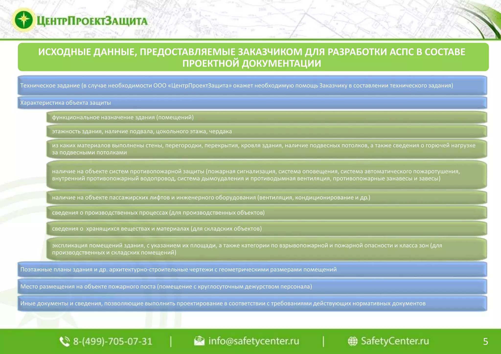 ИСХОДНЫЕ ДАННЫЕ, ПРЕДОСТАВЛЯЕМЫЕ ЗАКАЗЧИКОМ ДЛЯ РАЗРАБОТКИ АСПС В СОСТАВЕ
ПРОЕКТНОЙ ДОКУМЕНТАЦИИ
5
Техническое задание (в случае необходимости ООО «ЦентрПроектЗащита» окажет необходимую помощь Заказчику в составлении технического задания)
функциональное назначение здания (помещений)
этажность здания, наличие подвала, цокольного этажа, чердака
из каких материалов выполнены стены, перегородки, перекрытия, кровля здания, наличие подвесных потолков, а также сведения о горючей нагрузке
за подвесными потолками
наличие на объекте систем противопожарной защиты (пожарная сигнализация, система оповещения, система автоматического пожаротушения,
внутренний противопожарный водопровод, система дымоудаления и противодымная вентиляция, противопожарные занавесы и завесы)
наличие на объекте пассажирских лифтов и инженерного оборудования (вентиляция, кондиционирование и др.)
сведения о производственных процессах (для производственных объектов)
сведения о хранящихся веществах и материалах (для складских объектов)
экспликация помещений здания, с указанием их площади, а также категории по взрывопожарной и пожарной опасности и класса зон (для
производственных и складских помещений)
Характеристика объекта защиты
Поэтажные планы здания и др. архитектурно-строительные чертежи с геометрическими размерами помещений
Место размещения на объекте пожарного поста (помещение с круглосуточным дежурством персонала)
Иные документы и сведения, позволяющие выполнить проектирование в соответствии с требованиями действующих нормативных документов
 