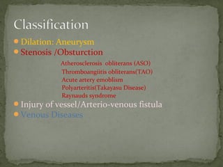 Dilation: Aneurysm
Stenosis /Obsturction
Atherosclerosis obliterans (ASO)
Thromboangiitis obliterans(TAO)
Acute artery emoblism
Polyarteritis(Takayasu Disease)
Raynauds syndrome
Injury of vessel/Arterio-venous fistula
Venous Diseases
 