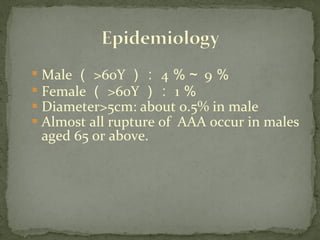 
Male （ >60Y ）： 4 ％～ 9 ％

Female （ >60Y ）： 1 ％
 Diameter>5cm: about 0.5% in male
 Almost all rupture of AAA occur in males
aged 65 or above.
 