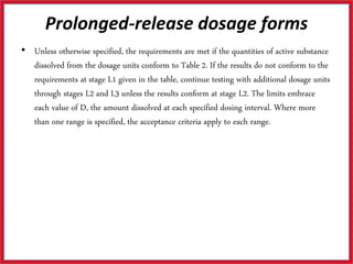 Prolonged-release dosage forms
• Unless otherwise specified, the requirements are met if the quantities of active substance
dissolved from the dosage units conform to Table 2. If the results do not conform to the
requirements at stage L1 given in the table, continue testing with additional dosage units
through stages L2 and L3 unless the results conform at stage L2. The limits embrace
each value of D, the amount dissolved at each specified dosing interval. Where more
than one range is specified, the acceptance criteria apply to each range.
 