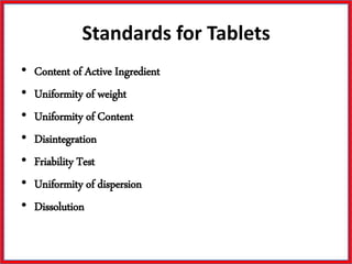 Standards for Tablets
• Content of Active Ingredient
• Uniformity of weight
• Uniformity of Content
• Disintegration
• Friability Test
• Uniformity of dispersion
• Dissolution
 