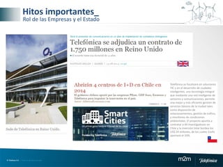 © Telefónica S.A | Todos los derechos reservados m2m
Hitos importantes_
Rol de las Empresas y el Estado
Telefónica se focalizará en soluciones
TIC y en el desarrollo de ciudades
inteligentes, una tecnología integral
que mediante una red inteligente de
sensores y comunicaciones, permite
una mejor y más eficiente gestión de
servicios básicos de la ciudad tales
como disposición de
estacionamientos, gestión de tráfico,
y monitoreo de condiciones
ambientales. El proyecto apunta a
contratar a 44 investigadores en
Chile y la inversión total bordea los
US$ 24 millones, de los cuales Corfo
aportará el 33%.
 
