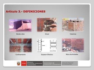 Artículo 3.- DEFINICIONES
Borde Libre Grout Columna
Confinamiento Espesor Efectivo Muro de Arriostre
 