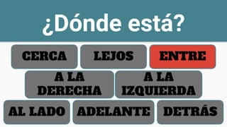 ¿Dónde está?
CERCA LEJOS
A LA
DERECHA
A LA
IZQUIERDA
AL LADO ADELANTE DETRÁS
ENTRE
 