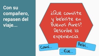 Con su
compañero,
repasen del
viaje...
¿Qué comiste
y bebiste en
Buenos Aires?
Describe la
experiencia.
 