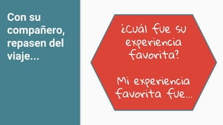 Con su
compañero,
repasen del
viaje...
¿Cuál fue su
experiencia
favorita?
Mi experiencia
favorita fue...
 