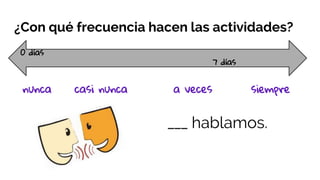 ¿Con qué frecuencia hacen las actividades?
0 días
7 días
nunca casi nunca a veces siempre
___ hablamos.
 