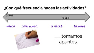 ¿Con qué frecuencia hacen las actividades?
0 días
7 días
nunca casi nunca a veces siempre
___ tomamos
apuntes.
 