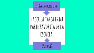 Hacerlatareaesmi
partefavoritadela
escuela.
¿Estásdeacuerdoono?
¿Porqué?
 