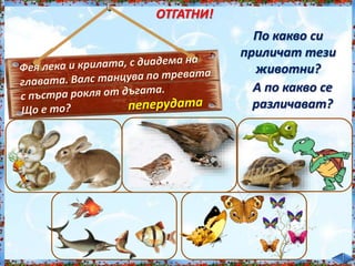 ОТГАТНИ!<br /><br />
По какво си<br /><br />
приличат тези<br /><br />
животни?<br /><br />
А по какво се<br /><br />
различават?<br /><br />
 