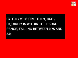 BY THIS MEASURE, THEN, GM'S
LIQUIDITY IS WITHIN THE USUAL
RANGE, FALLING BETWEEN 0.75 AND
2.0.
 