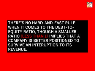 THERE’S NO HARD-AND-FAST RULE
WHEN IT COMES TO THE DEBT-TO-
EQUITY RATIO, THOUGH A SMALLER
RATIO (LESS THAN 1) IMPLIES THAT A
COMPANY IS BETTER POSITIONED TO
SURVIVE AN INTERUPTION TO ITS
REVENUE.
 