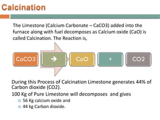 The Limestone (Calcium Carbonate – CaCO3) added into the
furnace along with fuel decomposes as Calcium oxide (CaO) is
called Calcination. The Reaction is,
During this Process of Calcination Limestone generates 44% of
Carbon dioxide (CO2).
100 Kg of Pure Limestone will decomposes and gives
 56 Kg calcium oxide and
 44 kg Carbon dioxide.
CaCO3  CaO + CO2
 