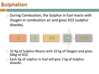  During Combustion, the Sulphur in fuel reacts with
Oxygen in combustion air and gives SO2 (sulphur
dioxide).
 32 Kg of Sulphur Reacts with 32 kg of Oxygen and gives
64kg of SO2.
 Each Kg of sulphur in fuel will give 2 kg of Sulphur
dioxide.
 