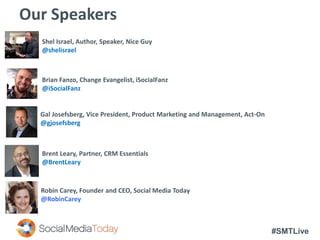 #SMTLive
Our Speakers
Shel Israel, Author, Speaker, Nice Guy
@shelisrael
Gal Josefsberg, Vice President, Product Marketing and Management, Act-On
@gjosefsberg
Robin Carey, Founder and CEO, Social Media Today
@RobinCarey
Brian Fanzo, Change Evangelist, iSocialFanz
@iSocialFanz
Brent Leary, Partner, CRM Essentials
@BrentLeary
 