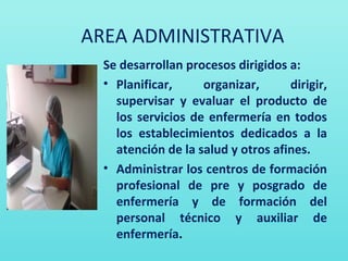 AREA ADMINISTRATIVA
  Se desarrollan procesos dirigidos a:
  • Planificar,     organizar,      dirigir,
    supervisar y evaluar el producto de
    los servicios de enfermería en todos
    los establecimientos dedicados a la
    atención de la salud y otros afines.
  • Administrar los centros de formación
    profesional de pre y posgrado de
    enfermería y de formación del
    personal técnico y auxiliar de
    enfermería.
 