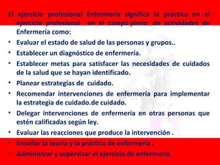El ejercicio profesional Enfermería significa la práctica en el
   ejercicio profesional en el campo pleno de actividades de
   Enfermería como:
• Evaluar el estado de salud de las personas y grupos..
• Establecer un diagnóstico de enfermería.
• Establecer metas para satisfacer las necesidades de cuidados
   de la salud que se hayan identificado.
• Planear estrategias de cuidado.
• Recomendar intervenciones de enfermería para implementar
   la estrategia de cuidado.de cuidado.
• Delegar intervenciones de enfermería en otras personas que
   estén calificadas según ley.
• Evaluar las reacciones que produce la intervención .
• Enseñar la teoría y la práctica de enfermería .
• Administrar y supervisar el ejercicio de enfermería.
 