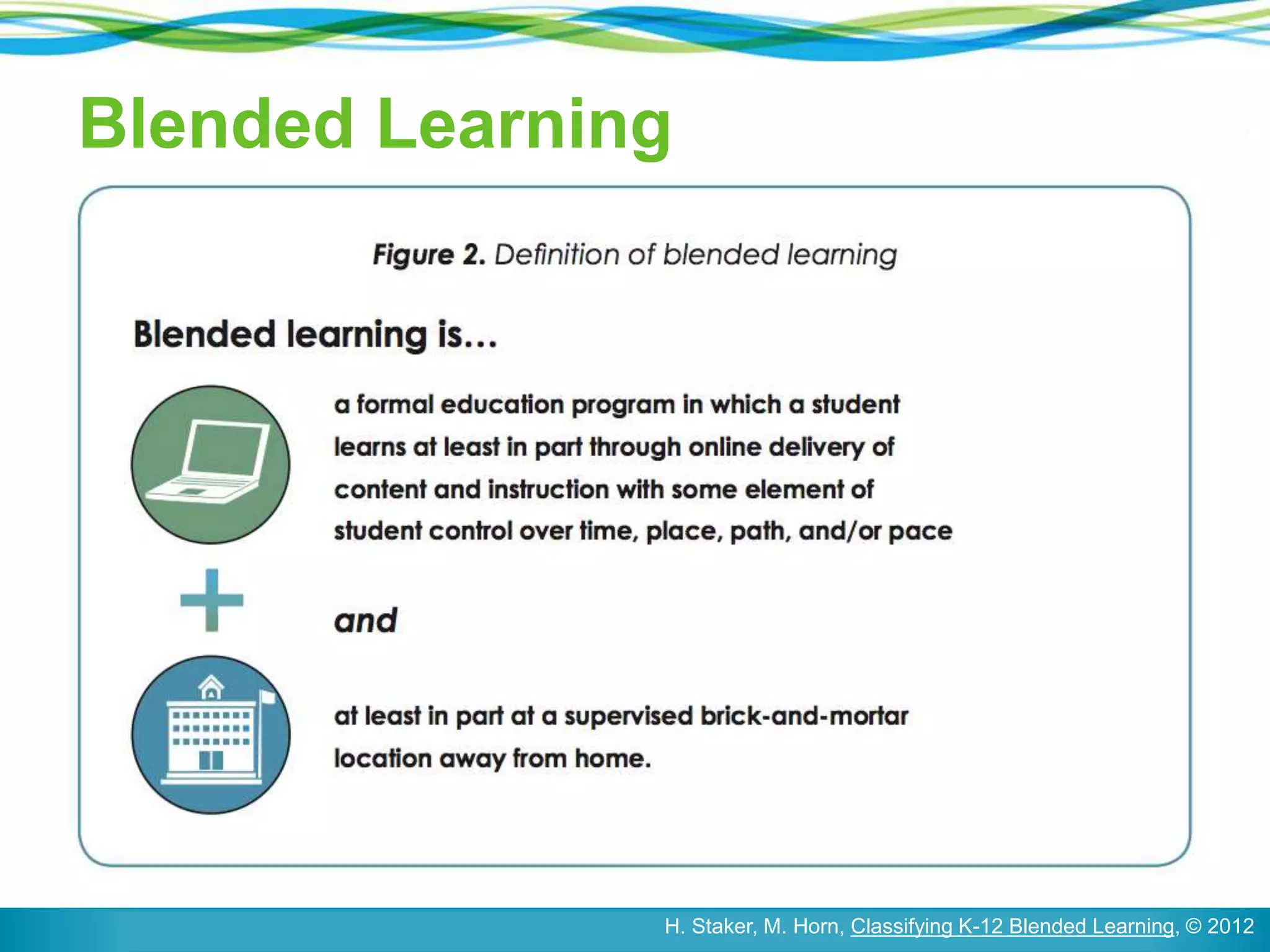Blended Learning
H. Staker, M. Horn, Classifying K-12 Blended Learning, © 2012
 
