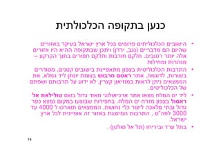 14
‫הכלכולתית‬ ‫בתקופה‬ ‫כנען‬
•‫באזורים‬ ‫בעיקר‬ ‫ישראל‬ ‫ארץ‬ ‫בכל‬ ‫פרוסים‬ ‫הכלכוליתים‬ ‫הישובים‬
‫מדבריים‬ ‫הם‬ ‫שהיום‬)‫נגב‬,‫ירדן‬(‫אזורים‬ ‫היו‬ ‫ההיא‬ ‫שבתקופה‬ ‫ויתכן‬
‫רטובים‬ ‫יותר‬ ‫אלה‬.‫הקרקע‬ ‫בתוך‬ ‫חפורים‬ ‫וחלקם‬ ‫חורבות‬ ‫חלקם‬–
‫ומחילות‬ ‫מנהרות‬
•‫קטנים‬ ‫בישובים‬ ‫מתאפיינת‬ ‫בצפון‬ ‫הכלכוליטית‬ ‫התרבות‬,‫מסודרים‬
‫בשורות‬,‫לדוגמה‬,‫אתר‬‫חרבוש‬ ‫ראסם‬‫גמלא‬ ‫ליד‬ ‫יונתן‬ ‫בצומת‬.‫את‬
‫קצרין‬ ‫במוזיאון‬ ‫לראות‬ ‫ניתן‬ ‫הממצאים‬.‫ושפתם‬ ‫תרבותם‬ ‫על‬ ‫ידוע‬ ‫לא‬
‫הכלכוליטים‬ ‫של‬.
•‫בשם‬ ‫גדול‬ ‫מאוד‬ ‫ארכיאולוגי‬ ‫אתר‬ ‫מצאו‬ ‫המלח‬ ‫ים‬ ‫ליד‬‫אל‬ ‫טולילאת‬
‫ראסול‬‫המלח‬ ‫ים‬ ‫מזרח‬ ‫בצפון‬.‫כפר‬ ‫נמצא‬ ‫במקום‬ ‫שבוצעו‬ ‫בחפירות‬
‫נחושת‬ ‫כלי‬ ‫ליצור‬ ‫מלאכה‬ ‫ובתי‬ ‫גדול‬.‫ל‬ ‫תוארכו‬ ‫הממצאים‬4000‫עד‬
3000‫לפה‬"‫ס‬,‫ארץ‬ ‫לכל‬ ‫אופיינית‬ ‫זה‬ ‫באזור‬ ‫המיוצגת‬ ‫התרבות‬
‫ישראל‬.
•‫וביריחו‬ ‫ערד‬ ‫בתל‬)‫סולטן‬ ‫אל‬ ‫תל‬(.
 
