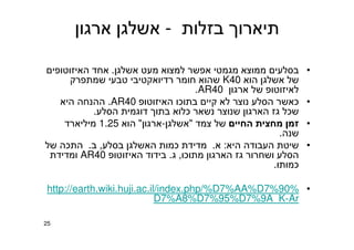 25
‫בזלות‬ ‫תיארוך‬-‫ארגון‬ ‫אשלגן‬
•‫ממוצא‬ ‫בסלעים‬‫אשלגן‬ ‫מעט‬ ‫למצוא‬ ‫אפשר‬ ‫מגמטי‬.‫האיזוטופים‬ ‫אחד‬
‫הוא‬ ‫אשלגן‬ ‫של‬40K‫חומר‬ ‫שהוא‬‫שמתפרק‬ ‫טבעי‬ ‫רדיואקטיבי‬
‫ארגון‬ ‫של‬ ‫לאיזוטופ‬40AR.
•‫האיזוטופ‬ ‫בתוכו‬ ‫קיים‬ ‫לא‬ ‫נוצר‬ ‫הסלע‬ ‫כאשר‬40AR.‫היא‬ ‫ההנחה‬
‫הסלע‬ ‫דוגמית‬ ‫בתוך‬ ‫כלוא‬ ‫נשאר‬ ‫שנוצר‬ ‫הארגון‬ ‫גז‬ ‫שכל‬.
•‫החיים‬ ‫מחצית‬ ‫זמן‬‫צמד‬ ‫של‬"‫אשלגן‬-‫ארגון‬"‫הוא‬1.25‫מיליארד‬
‫שנה‬.
•‫היא‬ ‫העבודה‬ ‫שיטת‬:‫א‬.‫בסלע‬ ‫האשלגן‬ ‫כמות‬ ‫מדידת‬,‫ב‬.‫של‬ ‫התכה‬
‫מתוכו‬ ‫הארגון‬ ‫גז‬ ‫ושחרור‬ ‫הסלע‬,‫ג‬.‫האיזוטופ‬ ‫בידוד‬40AR‫ומדידת‬
‫כמותו‬.
•%90%7%AA%D7http://earth.wiki.huji.ac.il/index.php/%D
Ar-A_K9%7%D95%7%D8%A7D
 
