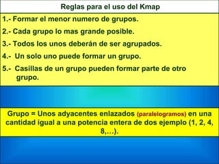 Reglas para el uso del Kmap
1.- Formar el menor numero de grupos.
2.- Cada grupo lo mas grande posible.
3.- Todos los unos deberán de ser agrupados.
4.- Un solo uno puede formar un grupo.
5.- Casillas de un grupo pueden formar parte de otro
grupo.
Grupo = Unos adyacentes enlazados (paralelogramos) en una
cantidad igual a una potencia entera de dos ejemplo (1, 2, 4,
8,…).
 