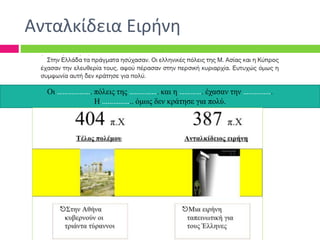 Οι ………………. πόλεις της ……………. και η …………. έχασαν την …………….
Η …………….. όμως δεν κράτησε για πολύ.
Ανταλκίδεια Ειρήνη
 