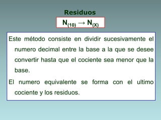 Residuos
Este método consiste en dividir sucesivamente el
numero decimal entre la base a la que se desee
convertir hasta que el cociente sea menor que la
base.
El numero equivalente se forma con el ultimo
cociente y los residuos.
N(10) → N(X)
 
