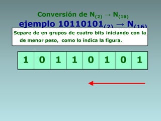 Conversión de N(2) → N(16)
ejemplo 10110101(2) → N(16)
Separe de en grupos de cuatro bits iniciando con la
de menor peso, como lo indica la figura.
1 0 1 1 0 1 0 1
 