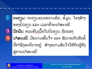 ກາຌຑັຈ຋ະຌາຘໃ ກາຌປຼຌ-ກາຌຘບຌ/Media development
ຘະຊາຍັຌຑັຈ຋ະຌາບາຆີທະຘຶກຘາ
Vocational Education Development Institute ຿ຈງ: ບ໋ບຈ ຋ໍາຓະທ຺ຄ
3
4
 