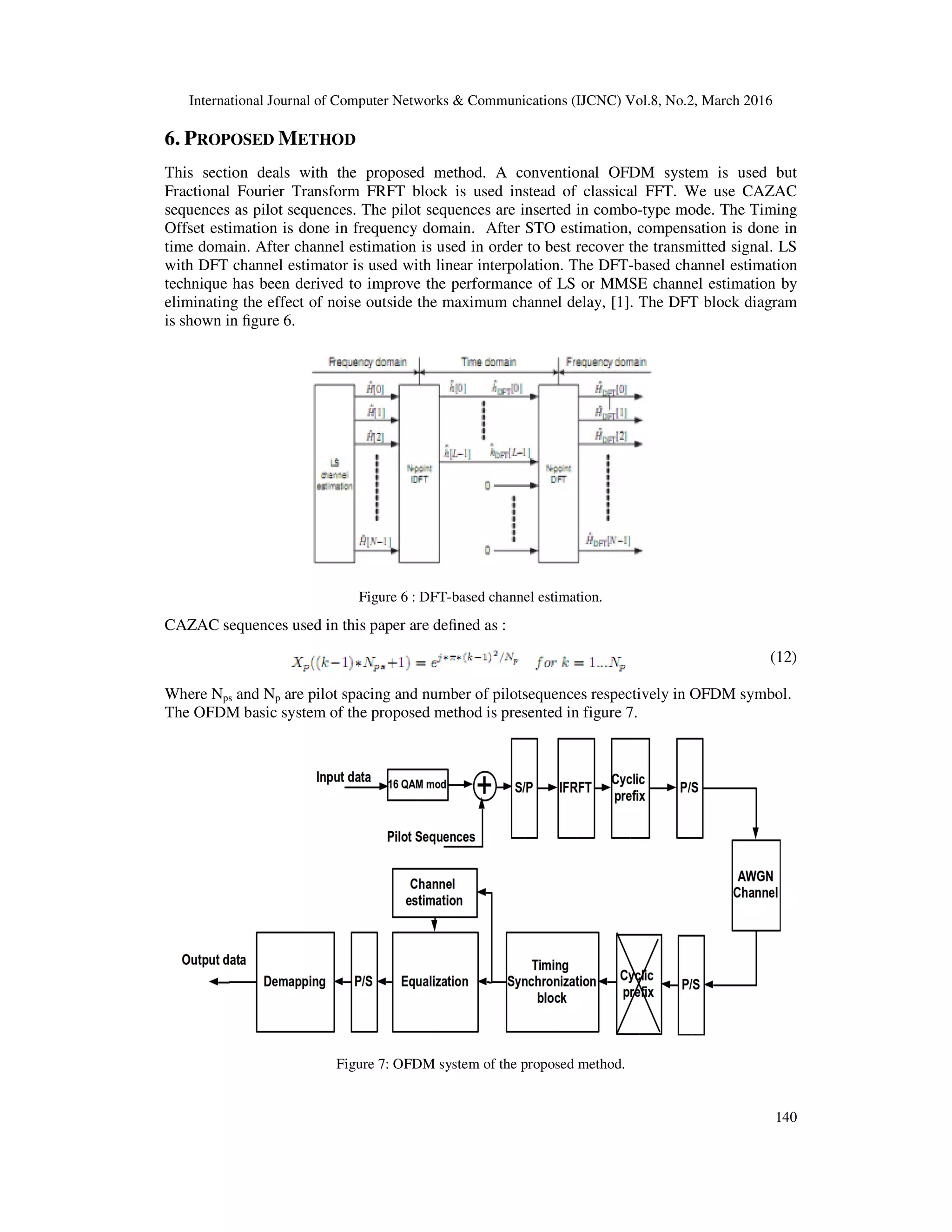 International Journal of Computer Networks & Communications (IJCNC) Vol.8, No.2, March 2016
140
6. PROPOSED METHOD
This section deals with the proposed method. A conventional OFDM system is used but
Fractional Fourier Transform FRFT block is used instead of classical FFT. We use CAZAC
sequences as pilot sequences. The pilot sequences are inserted in combo-type mode. The Timing
Offset estimation is done in frequency domain. After STO estimation, compensation is done in
time domain. After channel estimation is used in order to best recover the transmitted signal. LS
with DFT channel estimator is used with linear interpolation. The DFT-based channel estimation
technique has been derived to improve the performance of LS or MMSE channel estimation by
eliminating the effect of noise outside the maximum channel delay, [1]. The DFT block diagram
is shown in ﬁgure 6.
Figure 6 : DFT-based channel estimation.
CAZAC sequences used in this paper are deﬁned as :
(12)
Where Nps and Np are pilot spacing and number of pilotsequences respectively in OFDM symbol.
The OFDM basic system of the proposed method is presented in figure 7.
Figure 7: OFDM system of the proposed method.
 