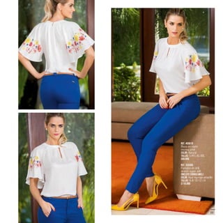 33
Ref. 455619
Blusa en rayón
viscosa print
Color: Natural
Tallas: S-M-L-XL-XXL
$89.990
Ref. 333305
Pantalón en drill
stretch super soft
(Incluye correa miel)
Color: Azul rey-rojo-amarillo
Tallas: 6-8-10-12-14
$119.990
 