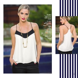 25
Ref. 455616
Chaqueta forrada
Color: Amarillo
Tallas: S-M-L-XL
$139.990
Ref. 353306
Blusa en crepe
(Incluye accesorio)
Color: Único
Tallas: XS-S-M-L-XL
$79.990
Ref. 6311
Pantalón básico
en dril stretch
(Incluye correa)
Color: Negro-mandarina-
azul rey-azul navy-blanco-
vino-mostaza-natural
Tallas: 6-8-10-
12-14-16
$109.990
 