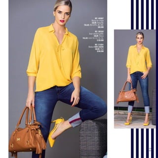 31
Ref. 455607
Blusa en crepe
Color: Amarillo
Tallas: XS-S-M-L-XL-XXL
$89.990
Ref. 383303
Jean stretch-pitillo
Color: Único
Tallas: 6-8-10-12-14-16-
$139.990
Ref. 313301
Bolso (100% Cuero)
Color: Miel
$249.990
 