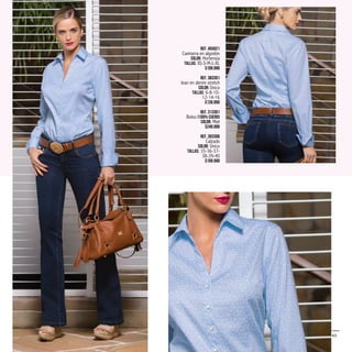 Ref. 455621
Camisera en algodón
Color: Hortensia
Tallas: XS-S-M-L-XL
$109.990
Ref. 383301
hctertsminednenaeJ
Color: Único
Tallas: 6-8-10-
12-14-16
$139.990
Ref. 313301
Bolso (100% Cuero)
Color: Miel
$249.990
Ref. 303306
Calzado
Color: Único
Tallas: 35-36-37-
38-39-40
$109.990
45
 