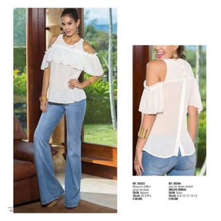 Ref. 353323
Blusa en chiffon
yoryu bordado
Color: Natural
Tallas: XS-S-M-L
$109.990
Ref. 383304
Jean en denim stretch
(Incluye correa)
Color: Único
Tallas: 6-8-10-12-14-16
$159.990
50
 