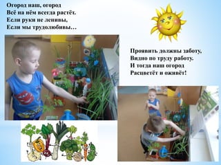 Огород наш, огород
Всё на нём всегда растёт.
Если руки не ленивы,
Если мы трудолюбивы…
Проявить должны заботу,
Видно по труду работу.
И тогда наш огород
Расцветёт и оживёт!
 
