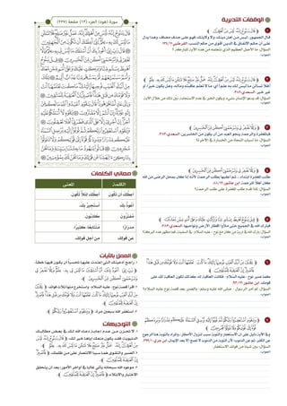 ‫ﭼ‬ ‫ﭖ‬‫ﭕ‬‫ﭔ‬ ‫ﭓ‬‫ﭒ‬‫ﭑ‬‫ﭽ‬
‫يدل‬‫�ذا‬�‫وه‬،‫مضاف‬‫�ذف‬�‫ح‬‫�ى‬�‫عل‬‫�و‬�‫فه‬،‫�ك‬�‫واليت‬‫وال‬،‫�ك‬�‫دين‬‫�ل‬�‫أه‬‫�ن‬�‫م‬‫�س‬�‫لي‬:‫�ور‬�‫اجلمه‬‫�ال‬�‫ق‬
.134/11‫القرط�بي‬.‫�ب‬�‫النس‬‫حكم‬‫من‬‫�وى‬�‫أق‬‫�ن‬�‫الدي‬‫يف‬‫�اق‬�‫االتف‬‫�م‬�‫حك‬‫أن‬‫�ى‬�‫عل‬
‫؟‬ ‫املباركة‬ ‫اآلية‬ ‫هذه‬ ‫من‬ ‫نتعلمه‬ ‫الذي‬ ‫العظيم‬ ‫األصل‬ ‫ما‬ :‫السؤال‬
‫ﭼ‬ ‫ﭣ‬ ‫ﭢ‬‫ﭡ‬‫ﭠ‬‫ﭟ‬ ‫ﭞ‬‫ﭝ‬‫ﭜ‬‫ﭛ‬‫ﭚ‬‫ﭙ‬ ‫ﭘ‬‫ﭗ‬‫ﭖ‬‫ﭕ‬‫ﭔ‬ ‫ﭓ‬‫ﭒ‬‫ﭑ‬‫ﭽ‬
‫أو‬،‫ا‬ً‫ير‬�‫خ‬‫�ون‬�‫يك‬‫�ل‬�‫وه‬،‫�ه‬�‫ومآل‬‫�ه‬�‫عاقبت‬‫�م‬�‫تعل‬‫ال‬‫�ا‬�‫م‬:‫أي‬)‫�م‬�‫عل‬‫�ه‬�‫ب‬‫�ك‬�‫ل‬‫�س‬�‫لي‬‫�ا‬�‫م‬‫�ألن‬�‫تس‬‫(ف�لا‬
.382:‫�عدي‬�‫الس‬ .‫خ�ير‬ ‫غري‬
.‫اآلية‬‫خالل‬‫من‬‫ذلك‬ ِّ‫َي‬‫ب‬،‫االستجابة‬‫عدم‬‫يف‬‫اخلري‬‫ويكون‬،‫بشيء‬‫اإلنسان‬‫يدعو‬‫قد‬:‫السؤال‬
‫ﭼ‬‫ﭿ‬‫ﭾ‬‫ﭽ‬‫ﭼ‬‫ﭻ‬‫ﭺ‬‫ﭹ‬‫ﭽ‬
.383:‫السعدي‬ .‫اخلاسرين‬ ‫من‬ ‫يكون‬ ‫أن‬ ‫من‬ ‫العبد‬ ‫ينجو‬ ‫والرمحة‬ ‫فباملغفرة‬
‫اآلخرة؟‬ ‫يف‬ ‫اخلسارة‬ ‫من‬ ‫النجاة‬ ‫أسباب‬ ‫ما‬ :‫السؤال‬
‫ﭼ‬‫ﭿ‬‫ﭾ‬‫ﭽ‬‫ﭼ‬‫ﭻ‬‫ﭺ‬‫ﭹ‬‫ﭽ‬
‫اهلل‬‫من‬‫الرضى‬‫مبحل‬‫كان‬‫إذا‬‫�ه‬�ّ‫ن‬‫أل‬‫الرمحة؛‬‫بطلب‬‫أعقبها‬‫�م‬�‫ث‬...‫�داء‬�‫ابت‬‫�رة‬�‫املغف‬‫�ب‬�‫طل‬
.88/12:‫عاشور‬ ‫ابن‬ .‫للرمحة‬ ً‫ال‬‫أه‬ ‫كان‬
‫الرمحة؟‬ ‫طلب‬ ‫على‬ ‫املغفرة‬ ‫طلب‬ ‫قدم‬ ‫ملاذا‬ :‫السؤال‬
‫ﭼ‬ ‫ﮋ‬‫ﮊ‬‫ﮉ‬‫ﮈ‬‫ﮇ‬‫ﮆ‬‫ﮅ‬ ‫ﮄ‬‫ﮃ‬ ‫ﮂ‬‫ﮁ‬‫ﭽ‬
.383:‫السعدي‬ .‫ونواحيها‬ ‫األرض‬ ‫أقطار‬ ‫مألوا‬ ‫حتى‬ ‫اجلميع‬ ‫يف‬ ‫اهلل‬ ‫فبارك‬
‫الربكة؟‬‫هذه‬‫مظهر‬‫فما‬،‫السفينة‬‫يف‬-‫السالم‬‫عليه‬- ٍ‫نوح‬‫مع‬‫كان‬‫من‬‫ذرية‬‫يف‬‫اهلل‬‫بارك‬:‫السؤال‬
‫ﮥ‬‫ﮤ‬‫ﮣ‬‫ﮢ‬‫ﮡ‬ ‫ﮠ‬‫ﮟ‬‫ﮞ‬ ‫ﮝ‬‫ﮜ‬‫ﮛ‬‫ﮚ‬‫ﮙ‬‫ﮘ‬‫ﮗ‬‫ﮖ‬‫ﮕ‬‫ﭽ‬
‫ﭼ‬‫ﮪ‬‫ﮩ‬ ‫ﮨ‬‫ﮧ‬‫ﮦ‬
‫على‬ ‫لك‬ ‫العاقبة‬ ‫تكون‬ ‫كذلك‬ ،‫له‬ ‫العاقبة‬ ‫فكانت‬ -‫الم‬ ّ‫الس‬ ‫-عليه‬ ‫نوح‬ ‫صرب‬ ‫كما‬
.93/12:‫عاشور‬ ‫ابن‬ .‫قومك‬
‫السالم؟‬ ‫عليه‬ ‫نوح‬ ‫قصة‬ ‫بعد‬ ‫بالصرب‬ -‫وسلم‬ ‫عليه‬ ‫اهلل‬ ‫صلى‬ - ‫الرسول‬ ‫أمر‬ َ‫مل‬ :‫السؤال‬
‫ﯻ‬‫ﯺ‬‫ﯹ‬ ‫ﯸ‬‫ﯷ‬‫ﯶ‬‫ﯵ‬‫ﯴ‬‫ﯳ‬‫ﯲ‬‫ﯱ‬‫ﭽ‬
‫ﭼ‬‫ﰁ‬‫ﰀ‬‫ﯿ‬‫ﯾ‬‫ﯽ‬‫ﯼ‬
‫الرجوع‬‫هنا‬‫بالتوبة‬‫األمطار...واملراد‬‫لنزول‬‫�بب‬�‫س‬‫والتوبة‬‫�تغفار‬�‫س‬‫اال‬‫أن‬‫على‬‫دليل‬‫اآلية‬‫ويف‬
.399/1:‫جزي‬‫ابن‬.‫اإلميان‬‫بعد‬‫إال‬‫تصح‬‫ال‬‫الذنوب‬‫من‬‫التوبة‬‫ألن‬‫الذنوب؛‬‫عن‬‫ثم‬،‫الكفر‬‫عن‬
.‫االستغفار‬ ‫فوائد‬ ‫من‬ ً‫ا‬‫شيئ‬ ‫بني‬ :‫السؤال‬
‫الكلمات‬ ‫معاني‬
‫التوجيهات‬
‫التدبرية‬ ‫الوقفات‬
‫مطالب��ك‬ ‫بع��ض‬ ‫يف‬ ‫ل��ك‬ ‫اهلل‬ ‫دع��اء‬ ‫إجاب��ة‬ ‫ع��دم‬ ‫م��ن‬ ‫حت��زن‬ ‫ال‬ .1
‫ﭔ‬ ‫ﭓ‬‫ﭒ‬‫ﭑ‬‫ﭽ‬ ،‫�ك‬�‫ل‬ ‫خ�ير‬ ‫�ا‬�‫إياه‬ ‫�ك‬�‫منع‬ ‫�ون‬�‫يك‬ ‫�د‬�‫فق‬ ‫�ة؛‬�‫الدنيوي‬
.‫ﭼ‬ ‫ﭣ‬ ‫ﭢ‬‫ﭡ‬‫ﭠ‬‫ﭟ‬ ‫ﭞ‬ ‫ﭝ‬‫ﭜ‬‫ﭛ‬‫ﭚ‬‫ﭙ‬ ‫ﭘ‬‫ﭗ‬‫ﭖ‬‫ﭕ‬
‫ﮧ‬‫ﮦ‬‫ﭽ‬،‫ظلمك‬‫�ن‬�‫م‬‫على‬‫االنتصار‬‫�ببا‬�‫س‬‫�ا‬�‫هم‬‫�وى‬�‫والتق‬‫بر‬�‫الص‬.2
.‫ﭼ‬‫ﮪ‬‫ﮩ‬ ‫ﮨ‬
‫يتحقق‬ ‫أن‬ ‫بعد‬ ‫األمور؛‬ ‫أواخر‬ ‫يف‬ ‫غالبا‬ ‫يأتي‬ ‫سبحانه‬ ‫اهلل‬ ‫موعود‬ .3
.‫ﭼ‬‫ﮪ‬‫ﮩ‬‫ﮨ‬‫ﮧ‬‫ﮦ‬‫ﭽ‬،‫واالبتالء‬‫االختبار‬
‫باآليات‬ ‫العمل‬
،‫�أ‬�‫خط‬ ‫�ا‬�‫فيه‬ ‫�ون‬�‫يك‬ ‫أن‬ ً‫ا‬‫�ب‬�‫حتس‬ ‫�ا‬�‫عليه‬ ‫�دت‬�‫اعت‬ ‫ال�تي‬ ‫�ك‬�‫أدعيت‬ ‫�ع‬�‫راج‬ .1
‫ﭻ‬ ‫ﭺ‬ ‫ﭹ‬ ‫ﭸ‬‫ﭷ‬ ‫ﭶ‬ ‫ﭵ‬ ‫ﭴ‬ ‫ﭳ‬ ‫ﭲ‬ ‫ﭱ‬ ‫ﭰ‬ ‫ﭯ‬ ‫ﭮ‬ ‫ﭭ‬‫ﭽ‬
.‫ﭼ‬ ‫ﭿ‬ ‫ﭾ‬ ‫ﭽ‬ ‫ﭼ‬
‫ﮕ‬‫ﭽ‬ ،‫فوائد‬‫�لاث‬‫ث‬‫منها‬‫�تخرج‬�‫س‬‫وا‬-‫�لام‬‫س‬‫ال‬‫�ه‬�‫ي‬‫عل‬-‫�وح‬�‫ن‬‫�ة‬�‫ص‬‫ق‬‫�رأ‬�‫ق‬‫ا‬.2
‫ﮧ‬‫ﮦ‬‫ﮥ‬‫ﮤ‬‫ﮣ‬‫ﮢ‬‫ﮡ‬ ‫ﮠ‬‫ﮟ‬‫ﮞ‬ ‫ﮝ‬‫ﮜ‬‫ﮛ‬‫ﮚ‬‫ﮙ‬‫ﮘ‬‫ﮗ‬‫ﮖ‬
.‫ﭼ‬‫ﮪ‬‫ﮩ‬ ‫ﮨ‬
.‫ﭼ‬‫ﯳ‬‫ﯲ‬‫ﯱ‬‫ﭽ‬ ،‫مرة‬ ‫سبعني‬ ‫اهلل‬ ‫استغفر‬ .3
1
2
3
4
5
6
7
)227( ‫صفحة‬ )12( ‫الجزء‬ )‫(هود‬ ‫سورة‬
‫الكلمة‬‫املعنى‬
َ‫ون‬ُ‫ك‬َ‫ت‬ ‫ن‬َ‫أ‬ َ‫ك‬ ُ‫ظ‬ِ‫ع‬َ‫أ‬.َ‫ون‬ُ‫ك‬َ‫ت‬ َّ‫ال‬َ‫ئ‬ِ‫ل‬ َ‫ك‬ ُ‫ظ‬ِ‫ع‬َ‫أ‬
َ‫ك‬ِ‫ب‬ ُ‫ذ‬‫و‬ُ‫ع‬َ‫أ‬. َ‫ك‬ِ‫ب‬ ُ‫ري‬ ِ‫ج‬َ‫ت‬‫س‬َ‫أ‬
َ‫ون‬َُ‫فت‬ُ‫م‬.َ‫ُون‬‫ب‬ِ‫ذ‬‫ا‬ َ‫ك‬
‫ا‬ً‫ر‬‫ا‬َ‫ر‬‫د‬ِ‫م‬.‫ا‬ً‫ري‬ِ‫ث‬ َ‫ك‬ ،‫ا‬ً‫ع‬ِ‫اب‬َ‫ت‬َ‫ت‬ُ‫م‬
َ‫ك‬ِ‫ل‬‫و‬َ‫ق‬ ‫ن‬َ‫ع‬. َ‫ك‬ِ‫ل‬‫و‬َ‫ق‬ ِ‫جل‬َ‫أ‬ ‫ن‬ِ‫م‬
 