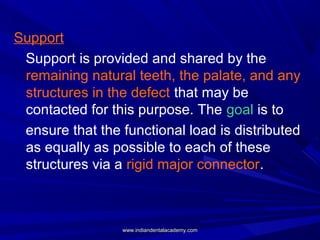 Support
Support is provided and shared by the
remaining natural teeth, the palate, and any
structures in the defect that m...