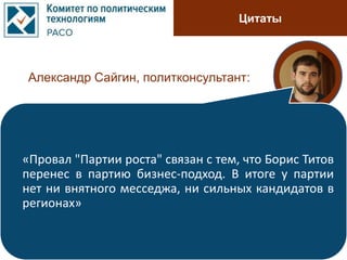 Цитаты
Александр Сайгин, политконсультант:
«Провал "Партии роста" связан с тем, что Борис Титов
перенес в партию бизнес-подход. В итоге у партии
нет ни внятного месседжа, ни сильных кандидатов в
регионах»
 