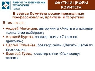 ФАКТЫ И ЦИФРЫ
КОМИТЕТА
В состав Комитета вошли признанные
профессионалы, практики и теоретики
 Андрей Максимов, автор книги «Чистые и грязные
технологии выборов»;
 Алексей Куртов, соавтор книги «Охота на
дракона»;
 Сергей Толмачев, соавтор книги «Десять шагов по
вертикали»;
 Дмитрий Гусев, соавтор книги «Уши машут
ослом».
В том числе:
 