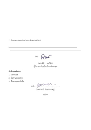 11.ข๎อเสนอแนะของหัวหน๎าสถานศึกษาฝ่ายบริหาร
…………….……………………………………………………………………………………………………………………………………………
………………………………………………………………………………………………………………………………………………………………..
ลงชื่อ
(นายนิวัตร วงศ์วิลัย)
ผู๎อานวยการโรงเรียนมัธยมวัดดอนตูม
บันทึกผลหลังสอน
1. ผลการสอน
2. ปัญหาและอุปสรรค
3. ข๎อเสนอแนะเพิ่มเติม
ลงชื่อ……………………………................................
(นายอารมย์ อินทรประเสริฐ)
ครูผู๎สอน
 