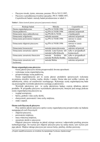 „Projekt współfinansowany ze środków Europejskiego Funduszu Społecznego”
8
− Pieczywo trwałe, żytnie, mieszane, pszenne. PN-A-74112:1997,
− Pieczywo o przedłużonej trwałości specjalne. PN-V-74000:1997,
Częstotliwość badań i metody badań przedstawiono w tabeli 1.
Tabela 1. Zakres kontroli jakości pieczywa [opracowanie własne]
Rodzaje badań Metoda Częstotliwość
Ocena organoleptyczna wg PN-A-74108:1996 z każdej partii
Ocena punktowa wg PN-A-74108:1996 zależnie od potrzeb
Oznaczanie masy jednostkowej wg PN-86/A-74104 z każdej partii
Oznaczanie wilgotności metoda suszenia zależnie od potrzeb
Oznaczanie porowatości miękiszu wg PN-A-74108:1996 zawsze w czasie
rozruchu
Oznaczanie objętości pieczywa wg PN-A-74108:1996 zawsze w czasie
rozruchu
Oznaczanie kwasowości metoda miareczkowania zależnie od potrzeb
Oznaczanie zawartości cukrów metoda Lane-Eynona lub
metoda Luffa-Schoorla
tylko w przypadkach
koniecznych
Oznaczanie zawartości tłuszczów metoda Soxhleta lub
metoda Weibulla-Stoldta
tylko w przypadkach
koniecznych
Oznaczanie zawartości soli
kuchennej
metoda Mohra zależnie od potrzeb
Ocena organoleptyczna pieczywa
Ocenę jakości pieczywa można przeprowadzić dwoma sposobami:
− wykonując ocenę organoleptyczną,
− przeprowadzając ocenę punktową.
Ocena organoleptyczna jest to ocena jakości produktów spożywczych wykonana
za pomocą zmysłów wzroku, węchu, dotyku i smaku. Ocena taka jest szybka i prosta, ale
subiektywna, zależy od wrażliwości oceniającego. Wykonując ocenę organoleptyczną bada
się poszczególne wyróżniki jakościowe oceniając je jakościowo.
Wyróżnik jakościowy jest to cecha jakościowa będąca częścią składową jakości
produktu. W przypadku pieczywa wyróżnikami jakościowymi, branymi pod uwagę podczas
oceny organoleptycznej pieczywa są:
− wygląd zewnętrzny,
− barwa, grubość i inne cechy skórki,
− elastyczność, porowatość i inne cechy miękiszu,
− smak i zapach.
Ocena cech fizycznych pieczywa
Przy analizie jakości pieczywa oprócz oceny organoleptycznej przeprowadza się badania
następujących cech fizycznych:
− objętości pieczywa,
− porowatości miękiszu,
− masy właściwej miękiszu,
− zawartości skórki w pieczywie.
Objętość pieczywa wskazuje na jakość użytego surowca i odpowiedni przebieg procesu
technologicznego. Im wyższa jest objętość pieczywa przy tej samej masie, tym wyższa jest
jego jakość. Miękisz takiego pieczywa jest zawsze luźny, pulchny, drobno porowaty.
 