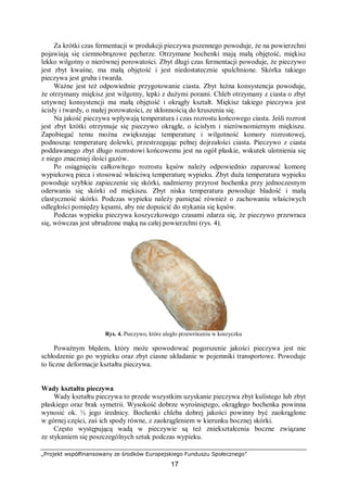 „Projekt współfinansowany ze środków Europejskiego Funduszu Społecznego”
17
Za krótki czas fermentacji w produkcji pieczywa pszennego powoduje, że na powierzchni
pojawiają się ciemnobrązowe pęcherze. Otrzymane bochenki mają małą objętość, miękisz
lekko wilgotny o nierównej porowatości. Zbyt długi czas fermentacji powoduje, że pieczywo
jest zbyt kwaśne, ma małą objętość i jest niedostatecznie spulchnione. Skórka takiego
pieczywa jest gruba i twarda.
Ważne jest też odpowiednie przygotowanie ciasta. Zbyt luźna konsystencja powoduje,
że otrzymany miękisz jest wilgotny, lepki z dużymi porami. Chleb otrzymany z ciasta o zbyt
sztywnej konsystencji ma małą objętość i okrągły kształt. Miękisz takiego pieczywa jest
ścisły i twardy, o małej porowatości, ze skłonnością do kruszenia się.
Na jakość pieczywa wpływają temperatura i czas rozrostu końcowego ciasta. Jeśli rozrost
jest zbyt krótki otrzymuje się pieczywo okrągłe, o ścisłym i nierównomiernym miękiszu.
Zapobiegać temu można zwiększając temperaturę i wilgotność komory rozrostowej,
podnosząc temperaturę dolewki, przestrzegając pełnej dojrzałości ciasta. Pieczywo z ciasta
poddawanego zbyt długo rozrostowi końcowemu jest na ogół płaskie, wskutek ulotnienia się
z niego znaczniej ilości gazów.
Po osiągnięciu całkowitego rozrostu kęsów należy odpowiednio zaparować komorę
wypiekową pieca i stosować właściwą temperaturę wypieku. Zbyt duża temperatura wypieku
powoduje szybkie zapieczenie się skórki, nadmierny przyrost bochenka przy jednoczesnym
oderwaniu się skórki od miękiszu. Zbyt niska temperatura powoduje bladość i małą
elastyczność skórki. Podczas wypieku należy pamiętać również o zachowaniu właściwych
odległości pomiędzy kęsami, aby nie dopuścić do stykania się kęsów.
Podczas wypieku pieczywa koszyczkowego czasami zdarza się, że pieczywo przewraca
się, wówczas jest ubrudzone mąką na całej powierzchni (rys. 4).
Rys. 4. Pieczywo, które uległo przewróceniu w koszyczku
Poważnym błędem, który może spowodować pogorszenie jakości pieczywa jest nie
schłodzenie go po wypieku oraz zbyt ciasne układanie w pojemniki transportowe. Powoduje
to liczne deformacje kształtu pieczywa.
Wady kształtu pieczywa
Wady kształtu pieczywa to przede wszystkim uzyskanie pieczywa zbyt kulistego lub zbyt
płaskiego oraz brak symetrii. Wysokość dobrze wyrośniętego, okrągłego bochenka powinna
wynosić ok. ½ jego średnicy. Bochenki chleba dobrej jakości powinny być zaokrąglone
w górnej części, zaś ich spody równe, z zaokrągleniem w kierunku bocznej skórki.
Często występującą wadą w pieczywie są też zniekształcenia boczne związane
ze stykaniem się poszczególnych sztuk podczas wypieku.
 