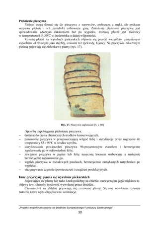 „Projekt współfinansowany ze środków Europejskiego Funduszu Społecznego”
30
Pleśnienie pieczywa
Pleśnie mogą dostać się do pieczywa z surowców, zwłaszcza z mąki, ale podczas
wypieku pleśnie i ich zarodniki całkowicie giną. Zakażenie pleśniami pieczywa jest
spowodowane wtórnym zakażeniem tuż po wypieku. Rozwój pleśni jest możliwy
w temperaturach 5–50ºC w środowisku o dużej wilgotności.
Rozwój pleśni na wyrobach piekarskich objawia się przede wszystkim zmienionym
zapachem, określanym jako stęchły, czasami też zjełczały, łojowy. Na pieczywie zakażonym
pleśnią pojawiają się zielonkawe plamy (rys. 17).
Rys. 17. Pieczywo zapleśniałe [5, s. 60]
Sposoby zapobiegania pleśnieniu pieczywa:
− dodanie do ciasta chemicznych środków konserwujących,
− pakowanie pieczywa w przepuszczającą wilgoć folię i sterylizacja przez nagrzanie do
temperatury 85 - 90ºC w środku wyrobu,
− sterylizowanie powierzchni pieczywa 96-procentowym etanolem i hermetyczne
zapakowanie go w odpowiednie folie,
− zawijanie pieczywa w papier lub folię nasyconą kwasem sorbowym, a następnie
hermetyczne zapakowanie go,
− wypiek pieczywa w metalowych puszkach, hermetycznie zamykanych natychmiast po
wypieku,
− utrzymywanie czystości pomieszczeń i urządzeń produkcyjnych.
Inne przyczyny psucia się wyrobów piekarskich
Pojawiające się plamy lub nalot kredopodobny na chlebie, zazwyczaj na jego miękiszu to
objawy tzw. choroby kredowej, wywołanej przez drożdże.
Czasami też na chlebie pojawiają się czerwone plamy. Są one wynikiem rozwoju
bakterii, które wydzielają barwne substancje.
 