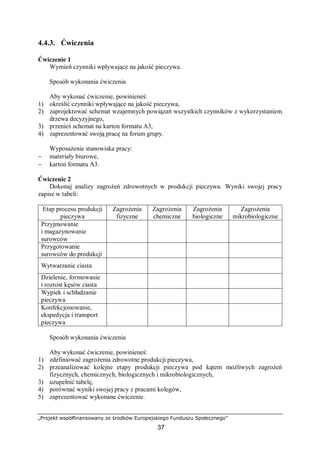 „Projekt współfinansowany ze środków Europejskiego Funduszu Społecznego”
37
4.4.3. Ćwiczenia
Ćwiczenie 1
Wymień czynniki wpływające na jakość pieczywa.
Sposób wykonania ćwiczenia
Aby wykonać ćwiczenie, powinieneś:
1) określić czynniki wpływające na jakość pieczywa,
2) zaprojektować schemat wzajemnych powiązań wszystkich czynników z wykorzystaniem
drzewa decyzyjnego,
3) przenieś schemat na karton formatu A3,
4) zaprezentować swoją pracę na forum grupy.
Wyposażenie stanowiska pracy:
− materiały biurowe,
− karton formatu A3.
Ćwiczenie 2
Dokonaj analizy zagrożeń zdrowotnych w produkcji pieczywa. Wyniki swojej pracy
zapisz w tabeli:
Etap procesu produkcji
pieczywa
Zagrożenia
fizyczne
Zagrożenia
chemiczne
Zagrożenia
biologiczne
Zagrożenia
mikrobiologiczne
Przyjmowanie
i magazynowanie
surowców
Przygotowanie
surowców do produkcji
Wytwarzanie ciasta
Dzielenie, formowanie
i rozrost kęsów ciasta
Wypiek i schładzanie
pieczywa
Konfekcjonowanie,
ekspedycja i transport
pieczywa
Sposób wykonania ćwiczenia
Aby wykonać ćwiczenie, powinieneś:
1) zdefiniować zagrożenia zdrowotne produkcji pieczywa,
2) przeanalizować kolejne etapy produkcji pieczywa pod kątem możliwych zagrożeń
fizycznych, chemicznych, biologicznych i mikrobiologicznych,
3) uzupełnić tabelę,
4) porównać wyniki swojej pracy z pracami kolegów,
5) zaprezentować wykonane ćwiczenie.
 